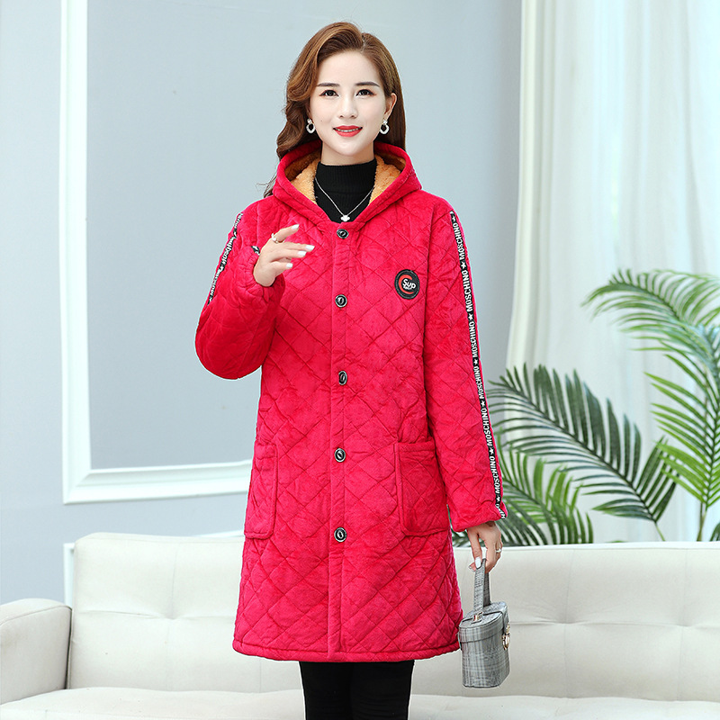 Fleece-lined thermal overcoat for adult women winter thickened extended long-sleeved cotton-padded coat hooded women's protective coat overalls