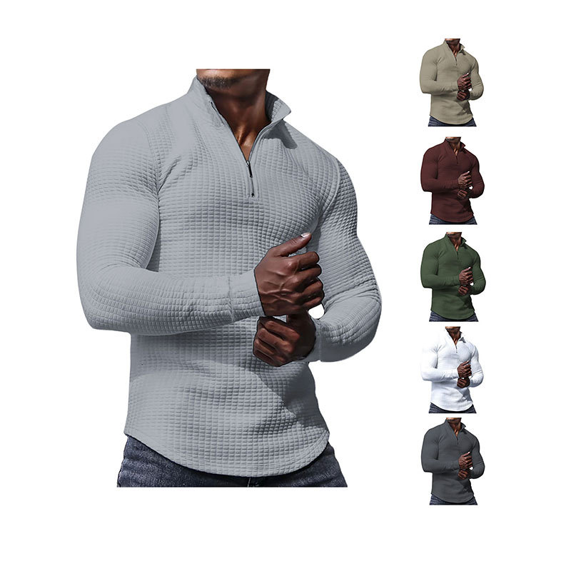 Felpa da uomo monocromatica - Primavera e autunno, a quadri piccoli, con collo alto, mezza zip, maniche lunghe, jacquard, top da uomo alla moda_voghion.com