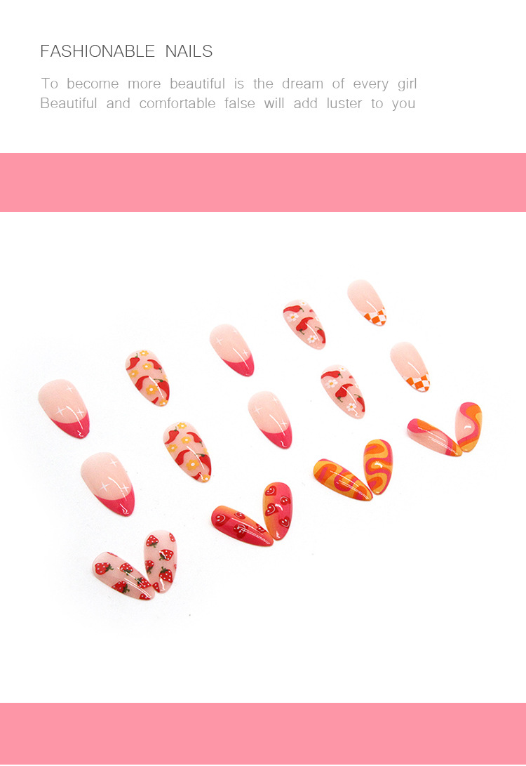 24 Cute Vegetable and Fruit Combination Nail Droplets with Sharp Nails, Summer Hot, Sweet, Cool False Nails in Box_voghion.com