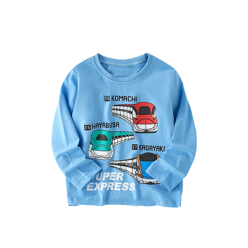 Nueva camiseta para niños de manga larga de algodón de primavera y otoño patrón de tren de dibujos animados bebé camisa para niños cuello redondo ropa para niños europeos y americanos