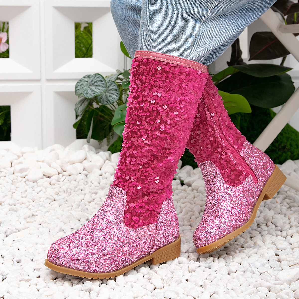 Kids' shoes autumn and winter new girls sequined princess boots little girls plus velvet warm long boots children's soft bottom high boots_voghion.com