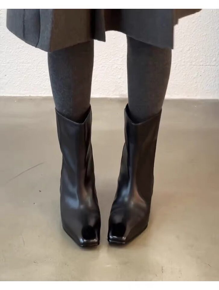 Bốt nữ cổ trung da bò thật mũi vuông ống rộng tôn dáng, gót xuồng 3–5 cm — Đen (lót lông), Đen (lót đơn) chi tiết 5