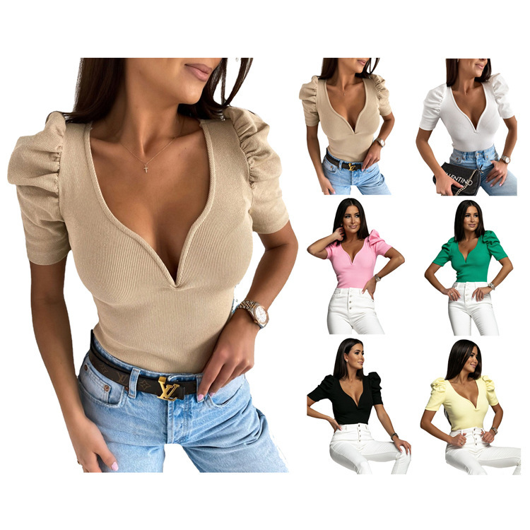 2026 New Model Amazon Independent Site Ebay Hot Sale Cross-Border Puff Sleeve Short Sleeve Slim Fit V-Neck Shirt for Women