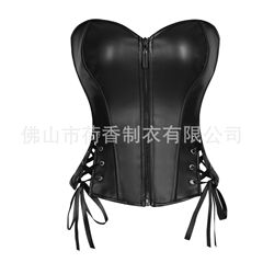 黑色朋克辣妹风绑带束身衣收腰蝴蝶结高质量PU皮拉链紧身胸衣