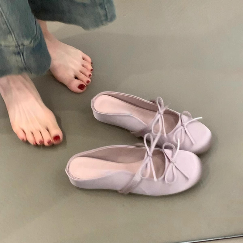 In Stock~ Women's Comfortable Flat Sandals with Hidden Heel, Bowknot, Single Strap, Satin Finish, Round Toe, Half-Mules In Stock~ Women's Comfortable Flat Sandals with Hidden Heel, Bowknot, Single Strap, Satin Finish, Round Toe, Half-Mules