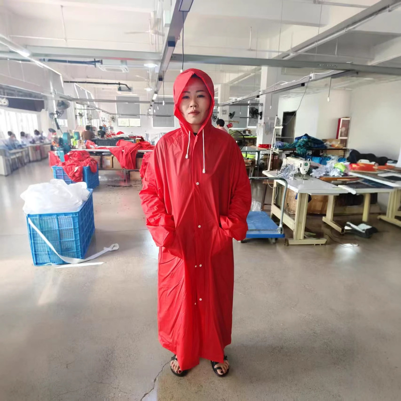 Customized Red Pvc Long One-Piece Raincoat with Pockets, Snap Buttons, and Adjustable Hood Customized Red Pvc Long One-Piece Raincoat with Pockets, Snap Buttons, and Adjustable Hood