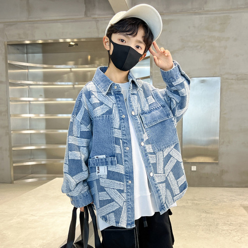 Boy's Spring Outfit Jacket Cool and Stylish 2024 New Children's Spring Top for Middle Children Spring Denim Jacket Trendy Hip Brand