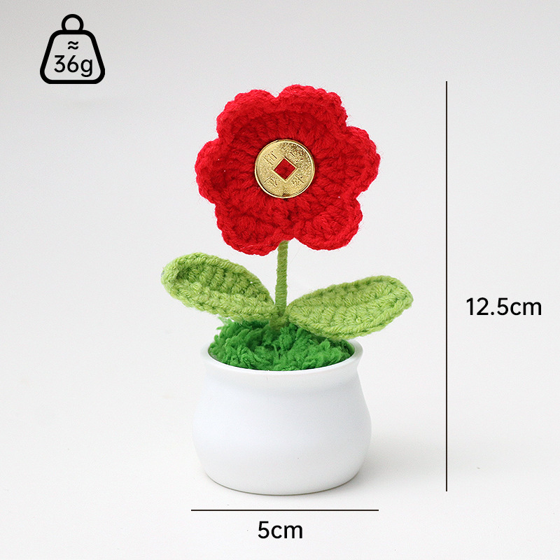 행운의 붉은 꽃 봉오리와 녹색 잎 백자 냄비