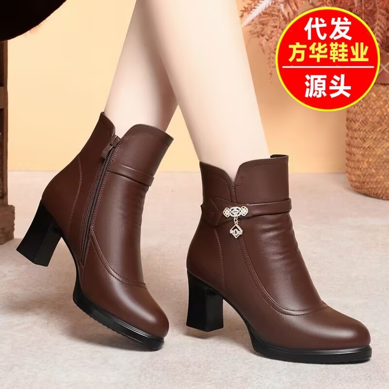 High-Heeled Short Boots for Women 2025 Autumn and Winter New Style Boots Fleece-Lined Warm and Comfortable Boots Mom Medium-Heeled Fashion Boots