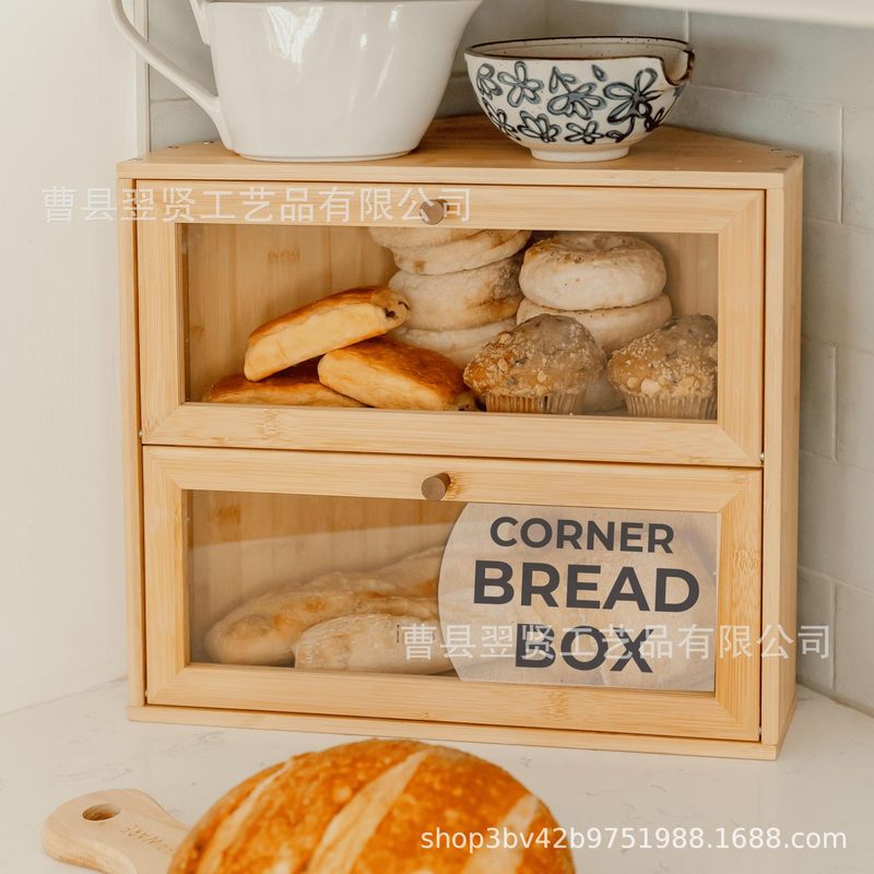木製二層パンボックス無垢材キッチンデスクトップ透明フリップトップ収納ボックススナックデザート木製ディスプレイボックス|undefined