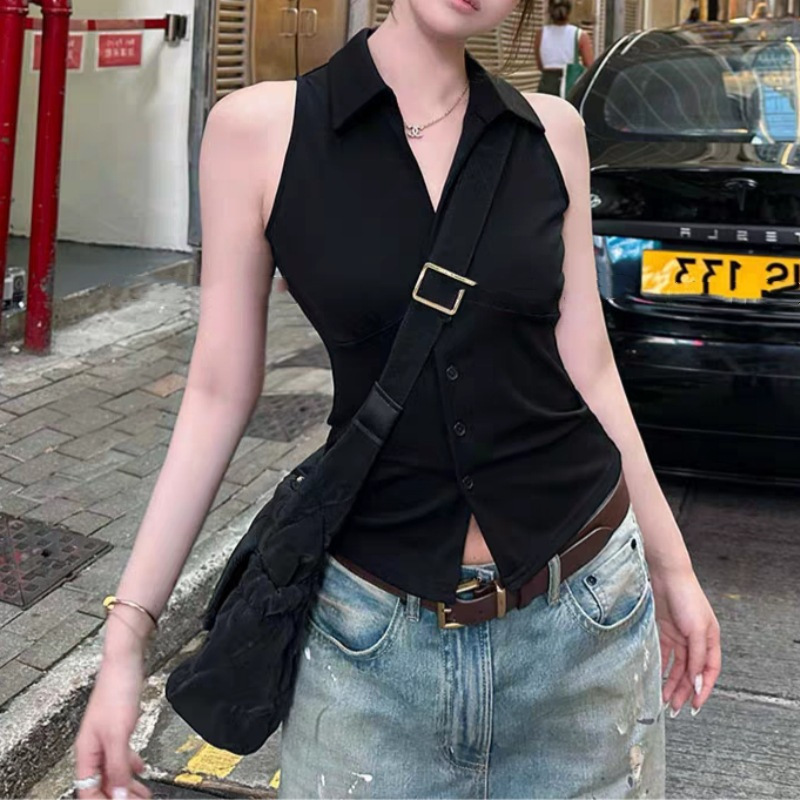 Fashionable Polo Lapel Waist-Cinching Sleeveless Top for Women Single-Breasted Shoulder-Cut Halterneck Vest