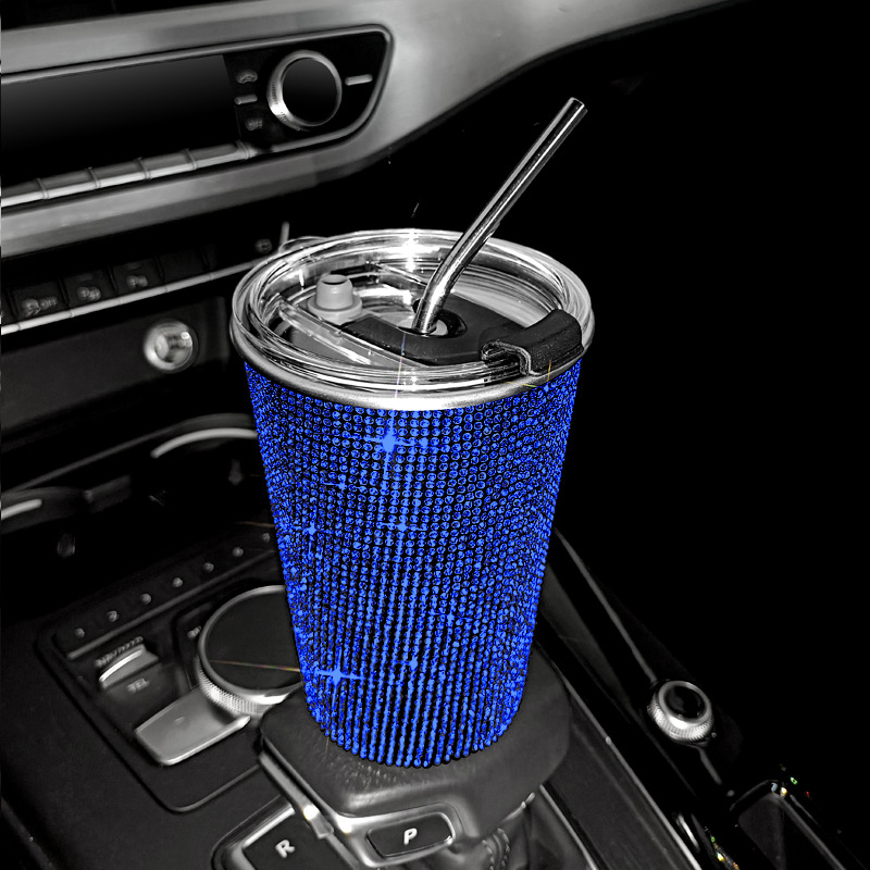 Bling flash rhinestone pegado diamante 550ml taza de bebida incrustada en el diamante taza de café de paja de acero inoxidable recta adelgazamiento