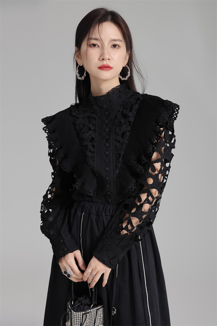 法米姿 早春新款宫廷风法式刺绣镂空衬衫显瘦别致立领上衣