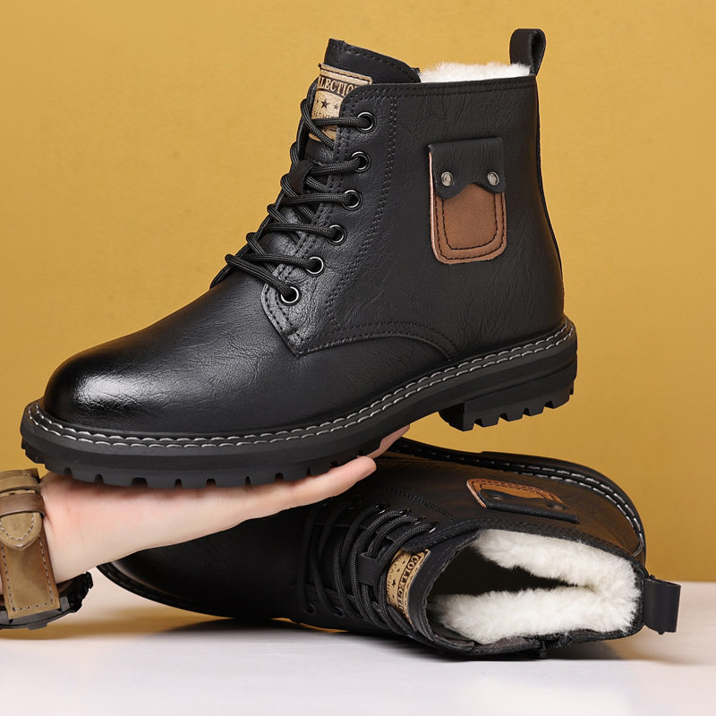 Bốt Martin nam cao cổ da thật buộc dây, gót vừa 3–5 cm, lót lông giữ ấm — Màu nâu cotton, Màu nâu đơn, Màu đen cotton, Màu đen đơn