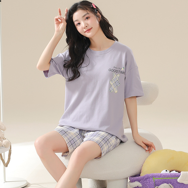Summer cotton fresh cute trendy thin short-sleeved shorts extra large size pajamas women's homewear chubby girl suit Summer cotton fresh cute trendy thin short-sleeved shorts extra large size pajamas women's homewear chubby girl suit
