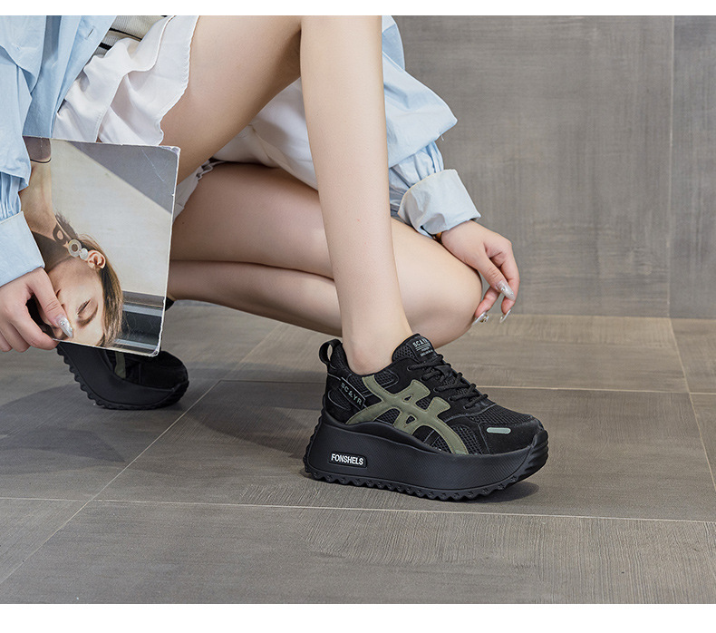 Giày sneaker nữ đế dày phong cách retro dành cho người dáng nhỏ, giày dad hot trend thu 2026, tăng chiều cao — M2933-1 màu xám đính kim cương, M2933 màu đen, M2933 màu nâu, M2933-1 màu đen đính kim cương chi tiết 39