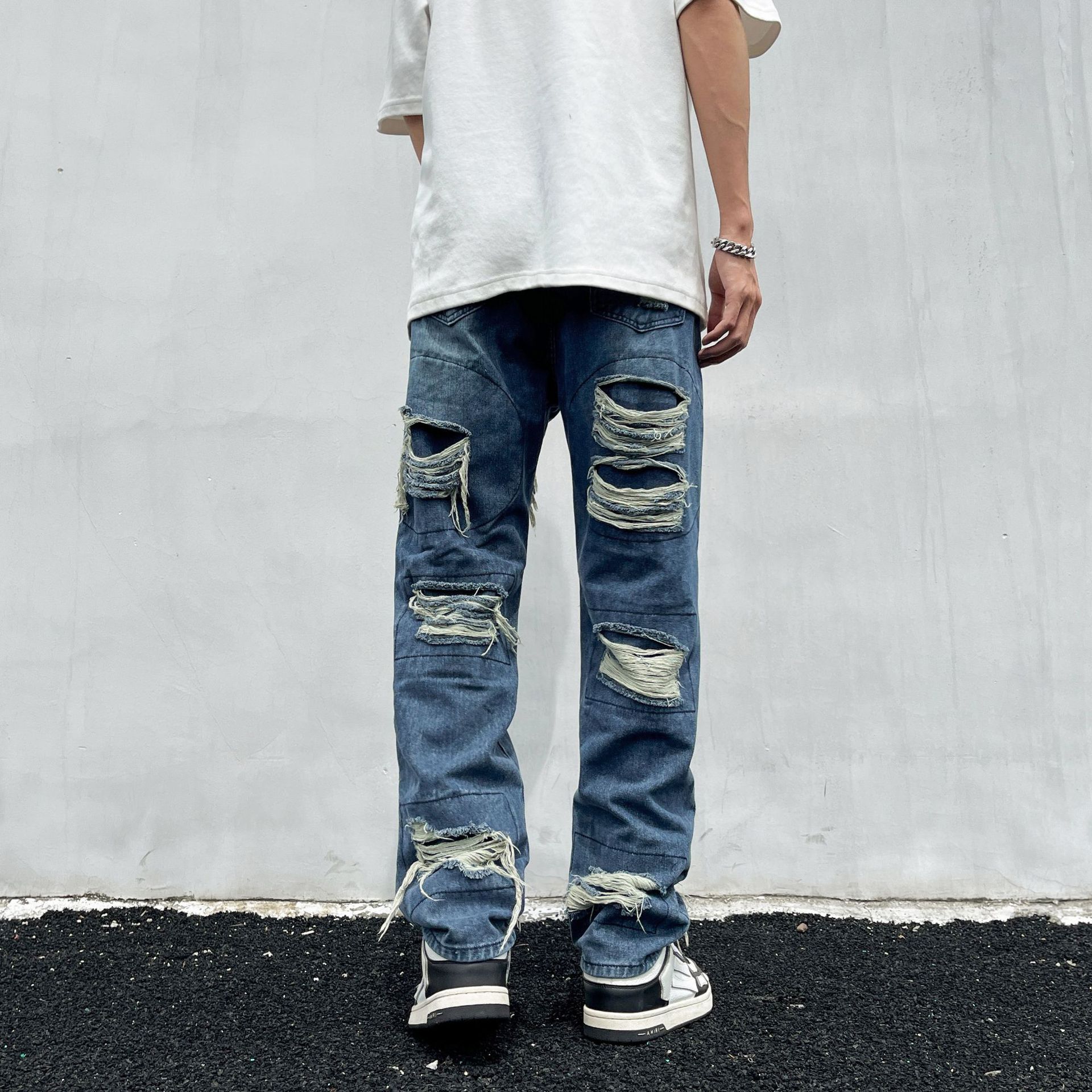 Tie-Dye Ripped Jeans For Men And Women American High Street Vintage Washed Slim Fit Flared Pants_mkmklike.com
