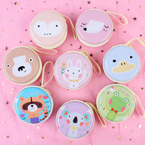 Korean version Christmas and New Year tinplate storage box iron round coin purse cartoon animal mini key earphone bag