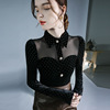 Polka dot mesh patchwork top with slightly transparent autumn and winter new retro long sleeves