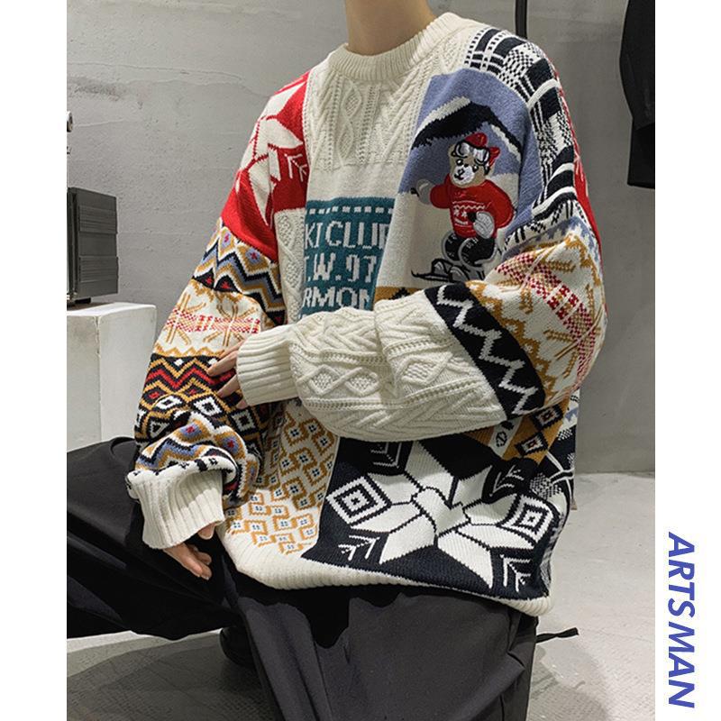 Navidad Hong Kong estilo retro oso suéter cuello redondo de los Hombres estilo perezoso suelta Otoño e Invierno ropa de punto de la pareja moda