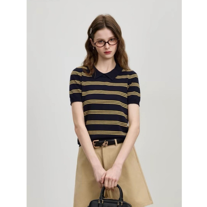 Azml High-End Striped Polo Collar Short-Sleeve T-Shirt for Women, New Slim-Fit, Flattering, Regular Shoulder Knit Top for Spring and Summer