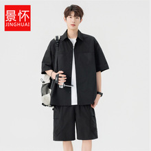 中年时尚爸爸开衫父亲两件套短袖衬衫套装男夏季休闲宽松透气短裤