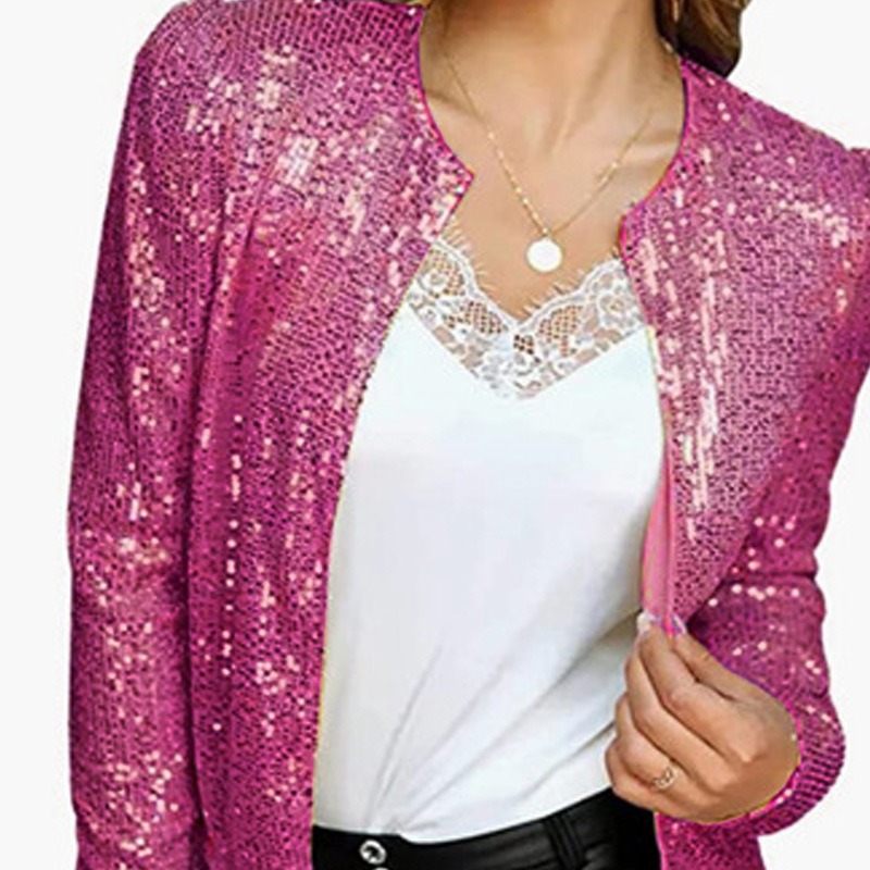 Chaqueta corta informal y versátil de lentejuelas de color liso con cuello alto, estilo europeo y americano, nueva colección primavera 2026 para mujer.