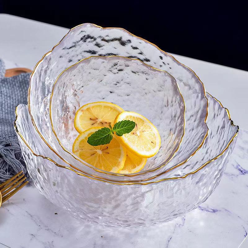 [Three-piece set] Japanese style golden edge hammered glass bowl fruit plate vegetable salad bowl plate Nordic style home Creative