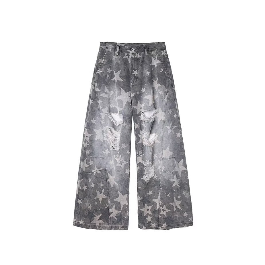 Herrenbekleidung Amerikanische Retro-Jeans im Used-Look mit Camouflage-Muster, locker geschnitten, weit geschnitten, lässige Hose im Streetstyle, geschwungene Kanten_voghion.com