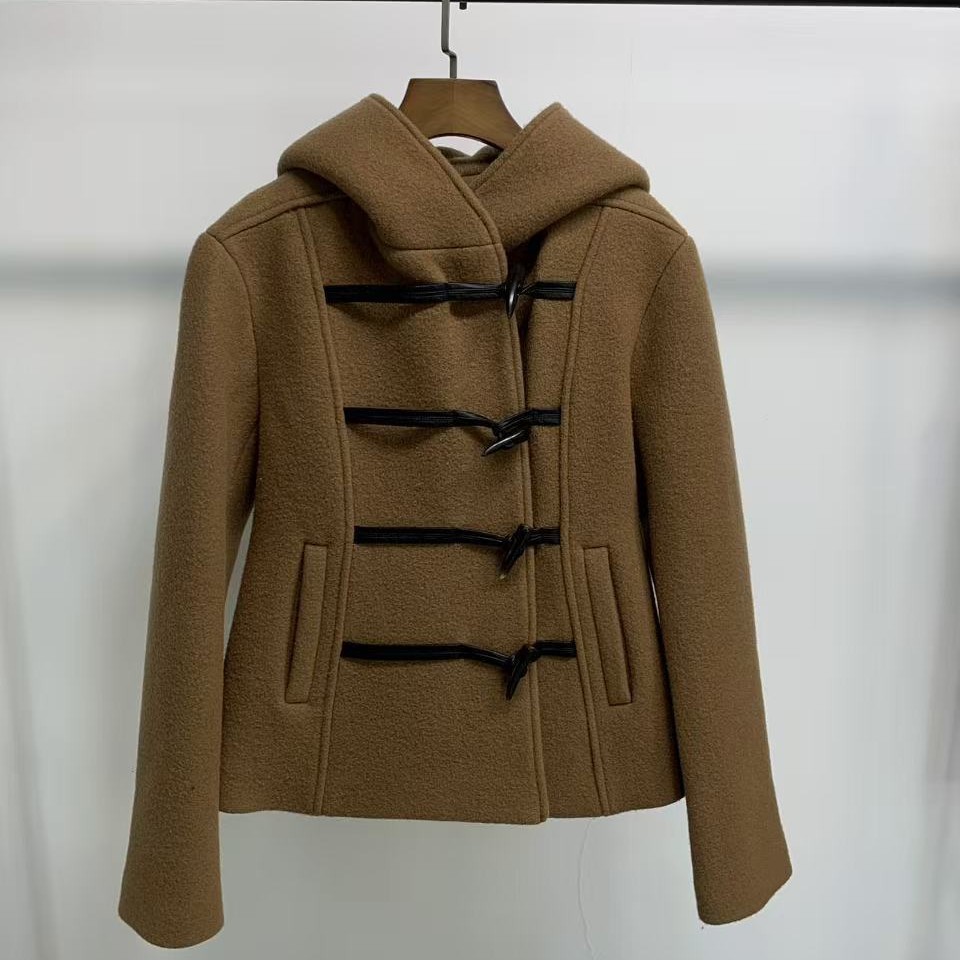 In-Stock Horn-Button Hooded Short Woolen Coat for Women, New Autumn and Winter Style, Petite Korean Style, Waist-Cinching Slimming Jacket