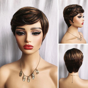 African foreign trade real hair full head cover fashion color short straight hair color hair set cross-border European and American mechanism wig cover