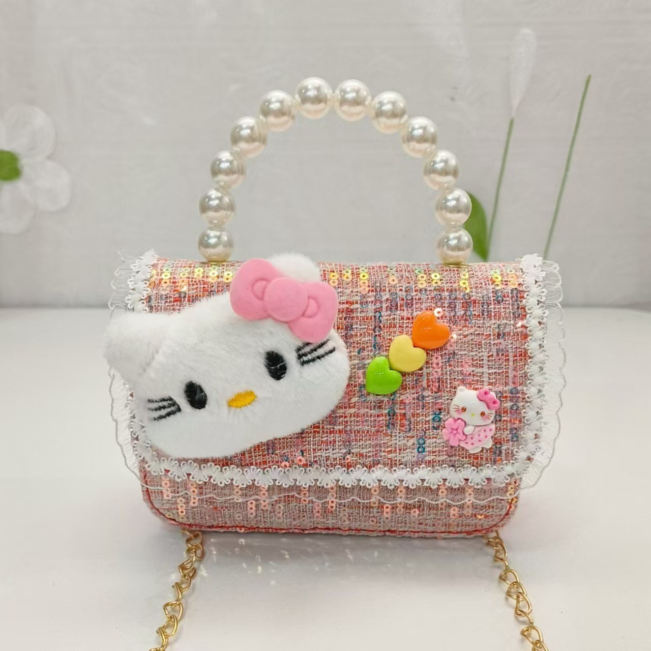 Bolsa de perla de dibujos animados de un hombro con una pequeña bolsa de cambio de viento bolsa de accesorios de niños bolsos cuadrados cadenas mochila de chicas