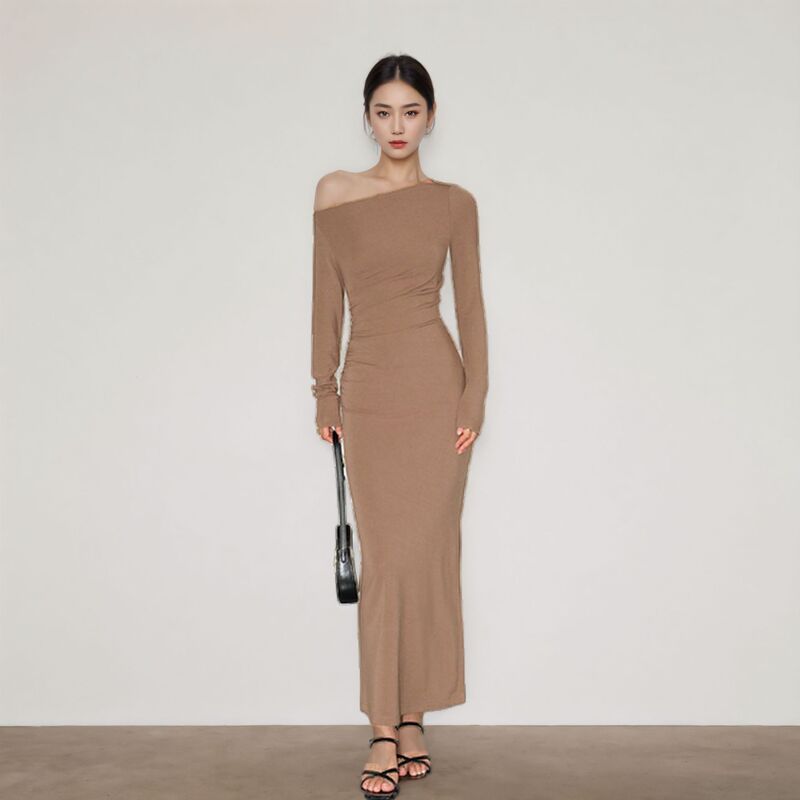 Dopamine Style Off-Shoulder Tall Dress for Women, Long Autumn Simple and Elegant Waist-Cinching Dress, Wholesale in Stock