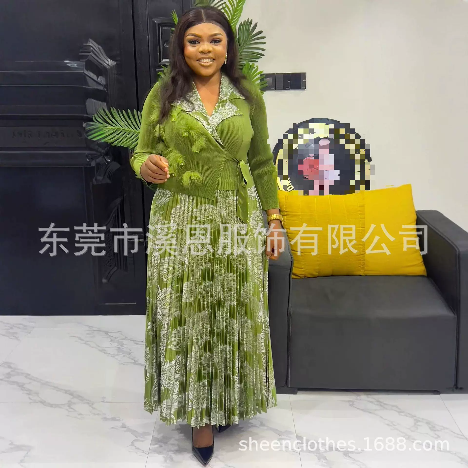 Miayki三宅烫金羽毛钉珠西装领褶皱系带大码连衣裙女装跨境新dres