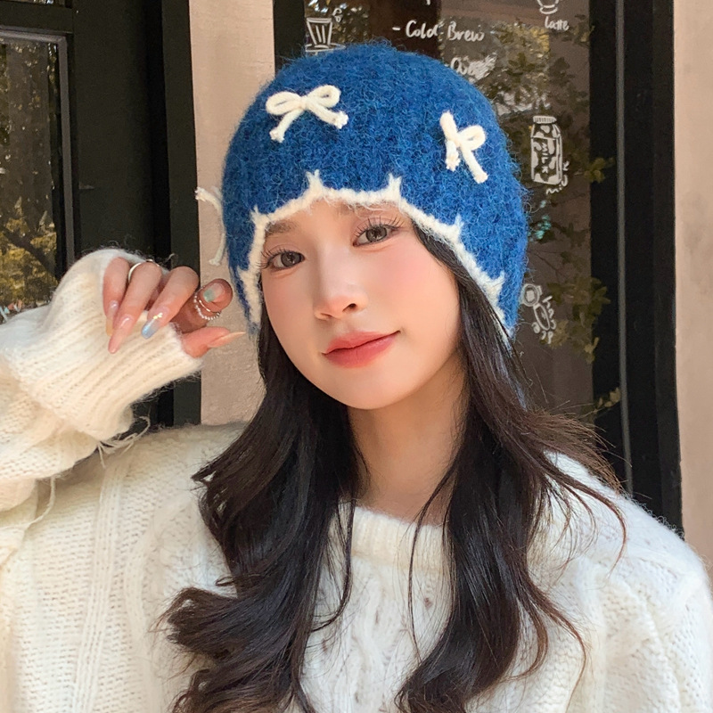 日系百搭蝴蝶结针织毛线帽子女秋冬休闲防风保暖包头帽显脸小冷帽|undefined