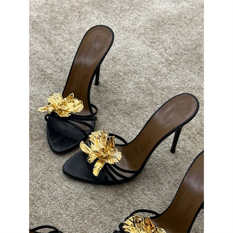 2026 New Summer Metal Flower French Style Exquisite Fashion For Women, Thin Heel High Heels, Black Sandals_vogvips.com