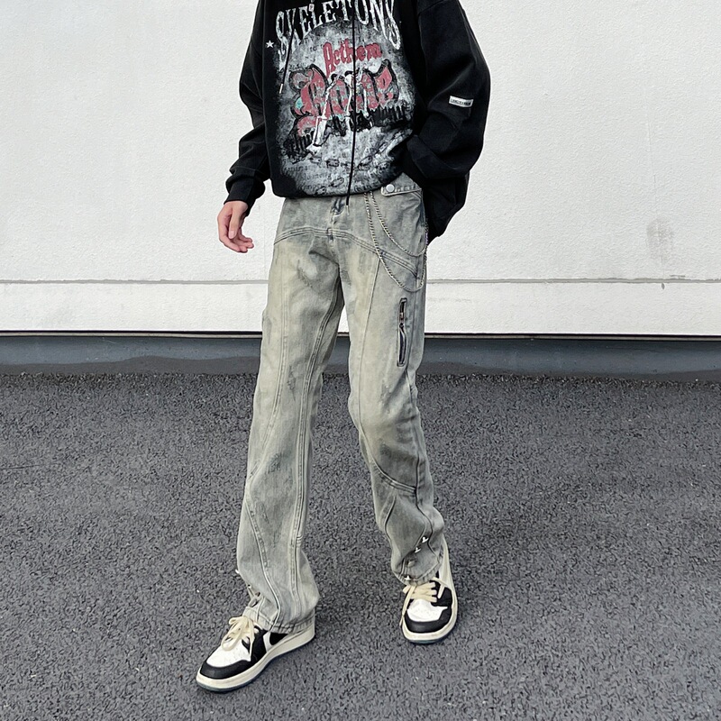 Yellow mud High Street American retro washed jeans men's loose straight Ruan handsome vibe skinny pants Daddy