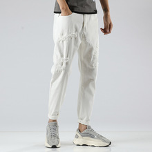 新款纯色牛仔裤破洞铅笔裤韩版安西卡潮流休闲简约九分裤男装719