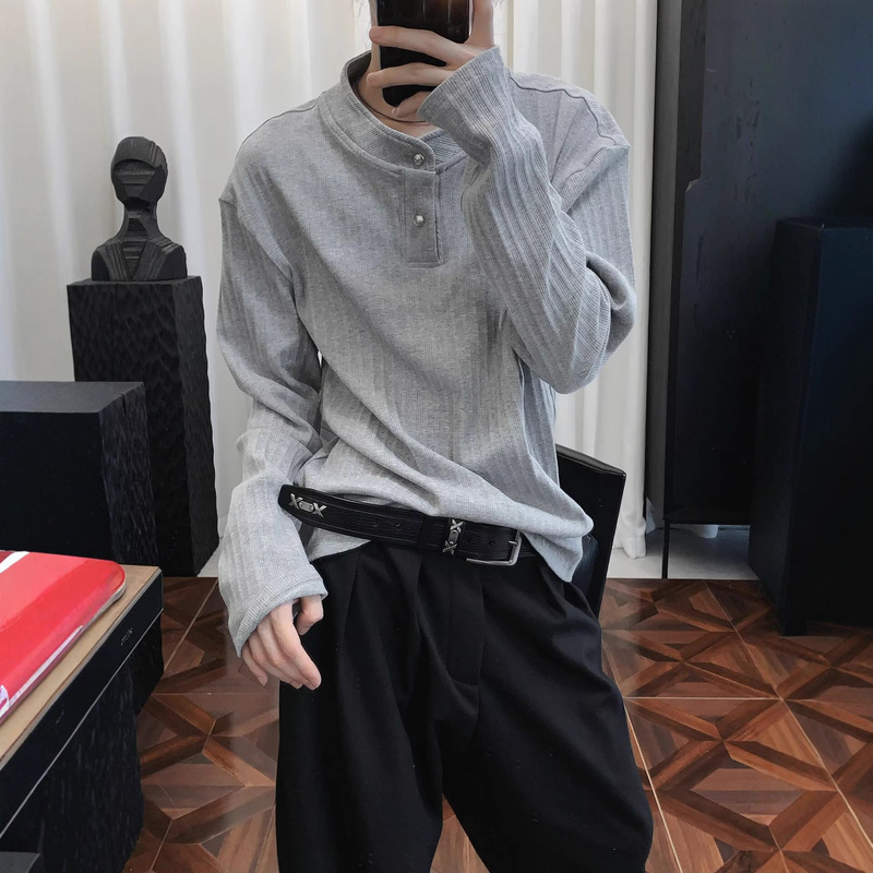 American-Style Henley Collar Long-Sleeve Knit Sweater for Men, Autumn Vintage Old Money Style Boxy Regular Shoulder Polo Shirt Base Layer