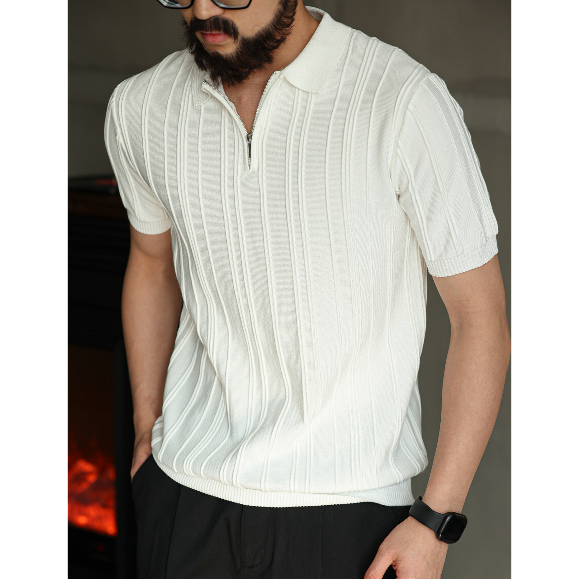 Polo camiseta de punto camiseta de manga corta hombre solapa media cremallera rayas viejas camisetas de hielo de viento de verano fábrica transfronteriza al por mayor