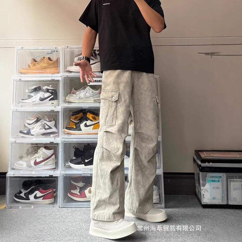 Marble Dark Pattern Washed Work Jeans Men's American High Street Spring and Autumn Straight Loose Wide Leg Casual Long Wholesale