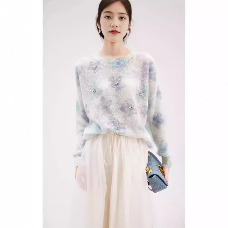 2024 Rhinestone Jacquard Sweater Autumn Sweet Elegant Fashion Casual Loose Easiest for Match Round Neck Long Sleeve Bottoming Shirt