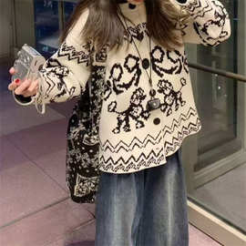 跨境韩版撞色圆领提花针织开衫女秋冬新款宽松慵懒风百搭毛衣外套