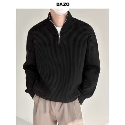 Suéter masculino de malha com meio zíper – Pulôver estiloso com tecido respirável e resistente a manchas (cinza/preto/azul/cáqui, tamanhos M-3XL)_voghion.com