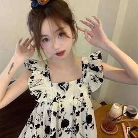 法式甜美小飞袖上衣女夏小众别致水墨画设计感无袖方领衬衫图片色