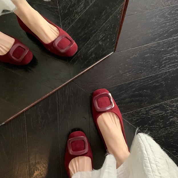 羊皮版~葡萄妈同款气质圆头方扣浅口绒面通勤百搭舒适单鞋女春秋|undefined