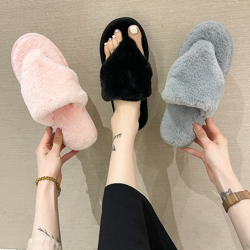 Cross-border clip-on Mao Mao cotton slippers women's 2023 autumn and winter New Home Fashion flat heel rabbit fur flip-flops for foreign trade