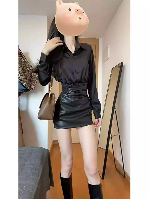 辣妹纯欲套装女秋季高级感气质翻领长袖衬衫收腰包臀pu皮裙两件套|undefined