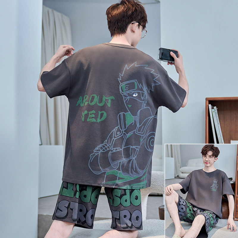 Summer Teenager Short-sleeved Pure Cotton Pajamas Male Cartoon Boy Big Child 17-year-old Junior High School Students plus size Home Clothes