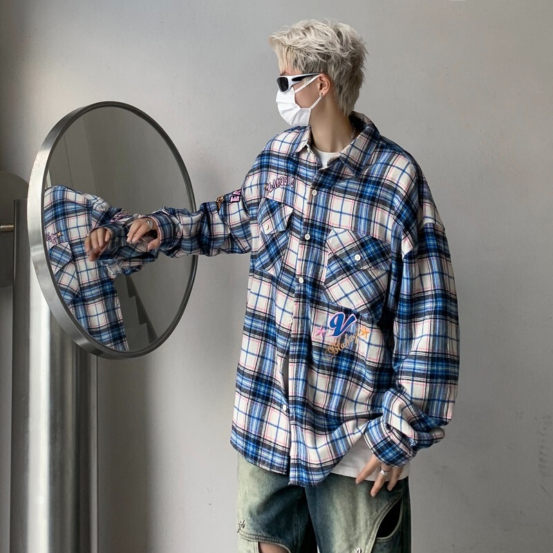 Men's High-Quality Jackets, High Street Fashion, Embroidered Letter Plaid Shirts, Men's High-End Niche Loose Casual Style